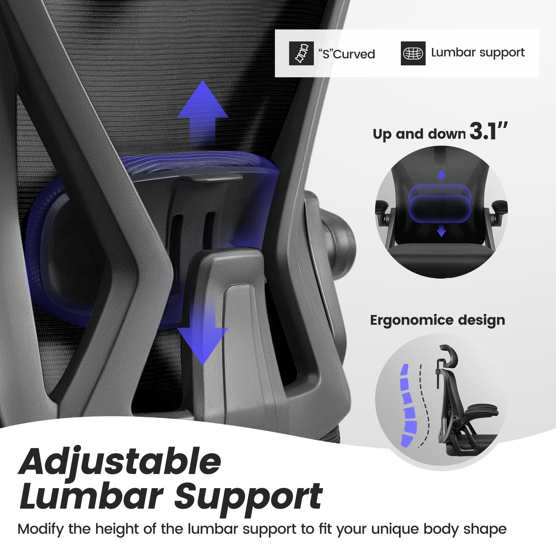 Ergonomic Office Chair, High Back Mesh Office Desk Chair with Headrest 500LBS, Executive Office Chair with Adjustable Aremrest, Home Office Swivel Desk Chair for Home Office, Black