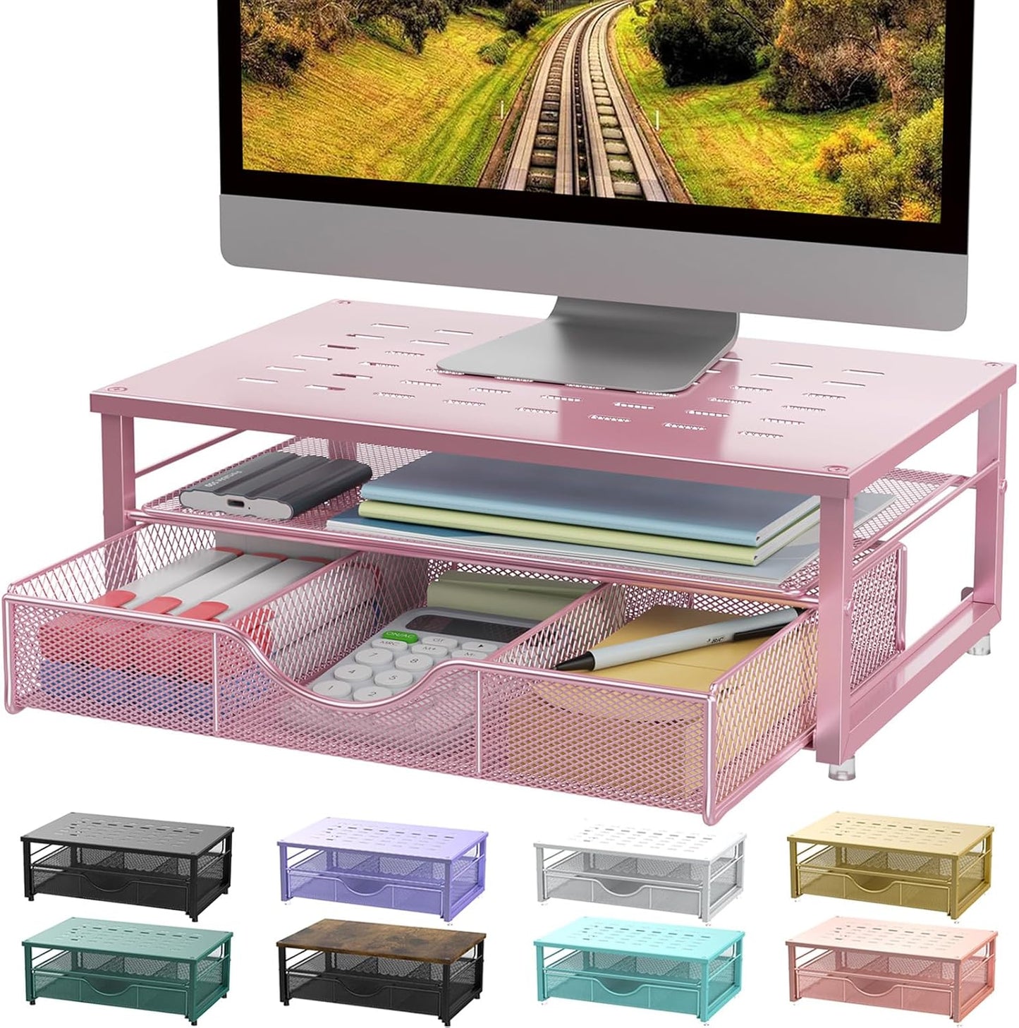 Computer Monitor Stand Riser, Office Organizer with Drawer, Office Organizers Storage for Classroom Office Supplies (Pink)